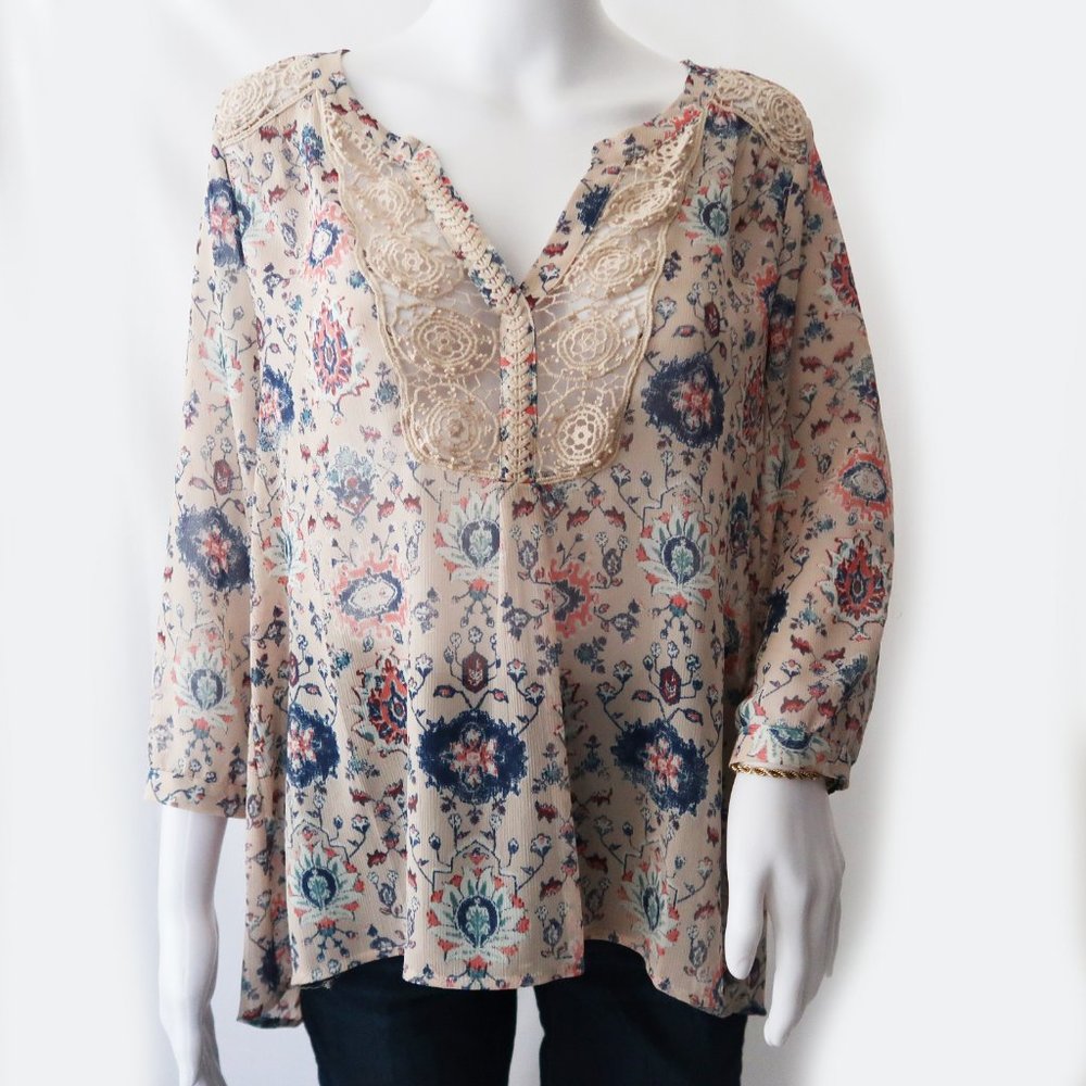 Maeve Tribal Print Semi Sheer Blouse with Lace